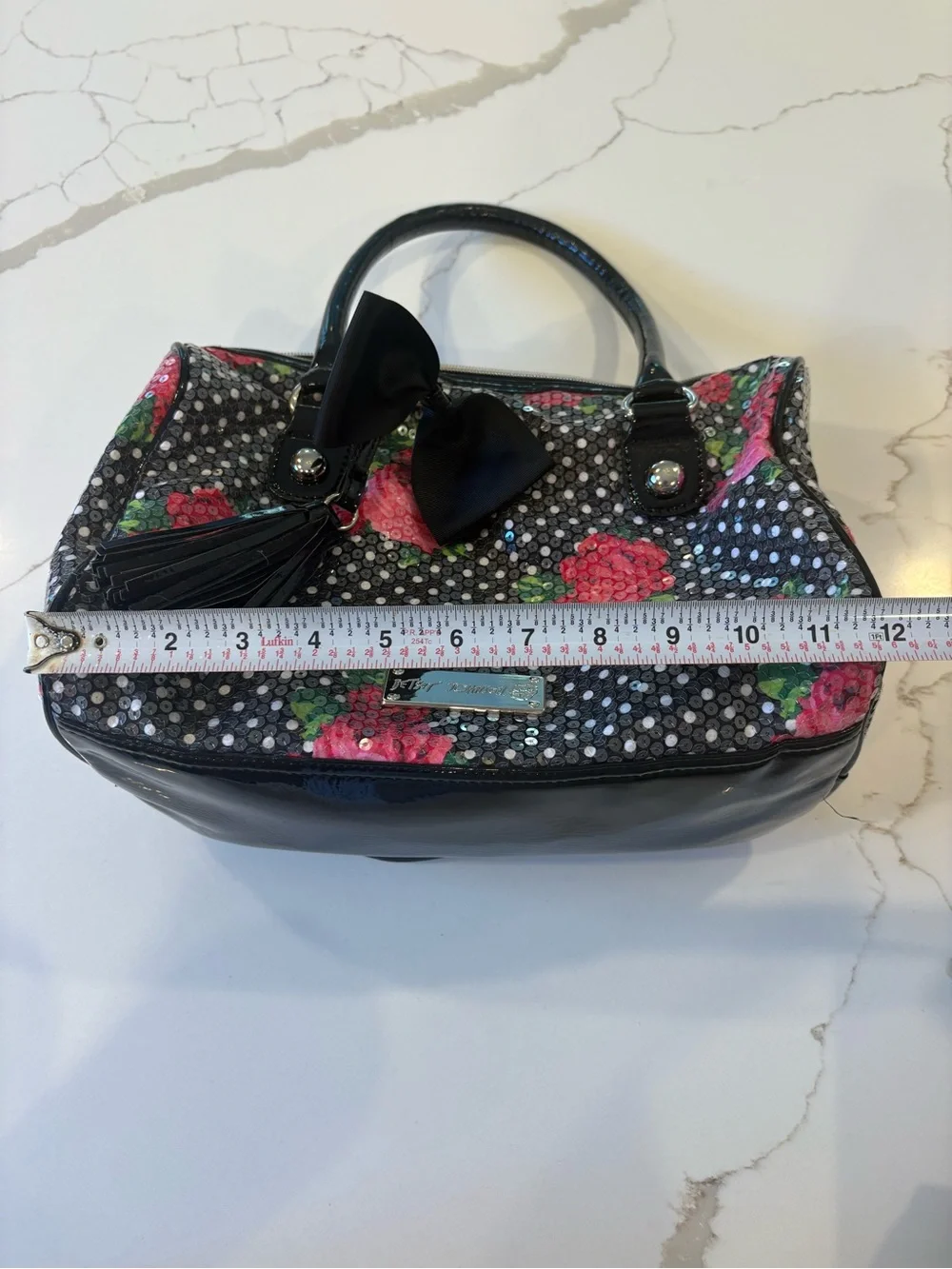 Betsey Johnson Black Sequin Satchel with Pink Rose Embroidery